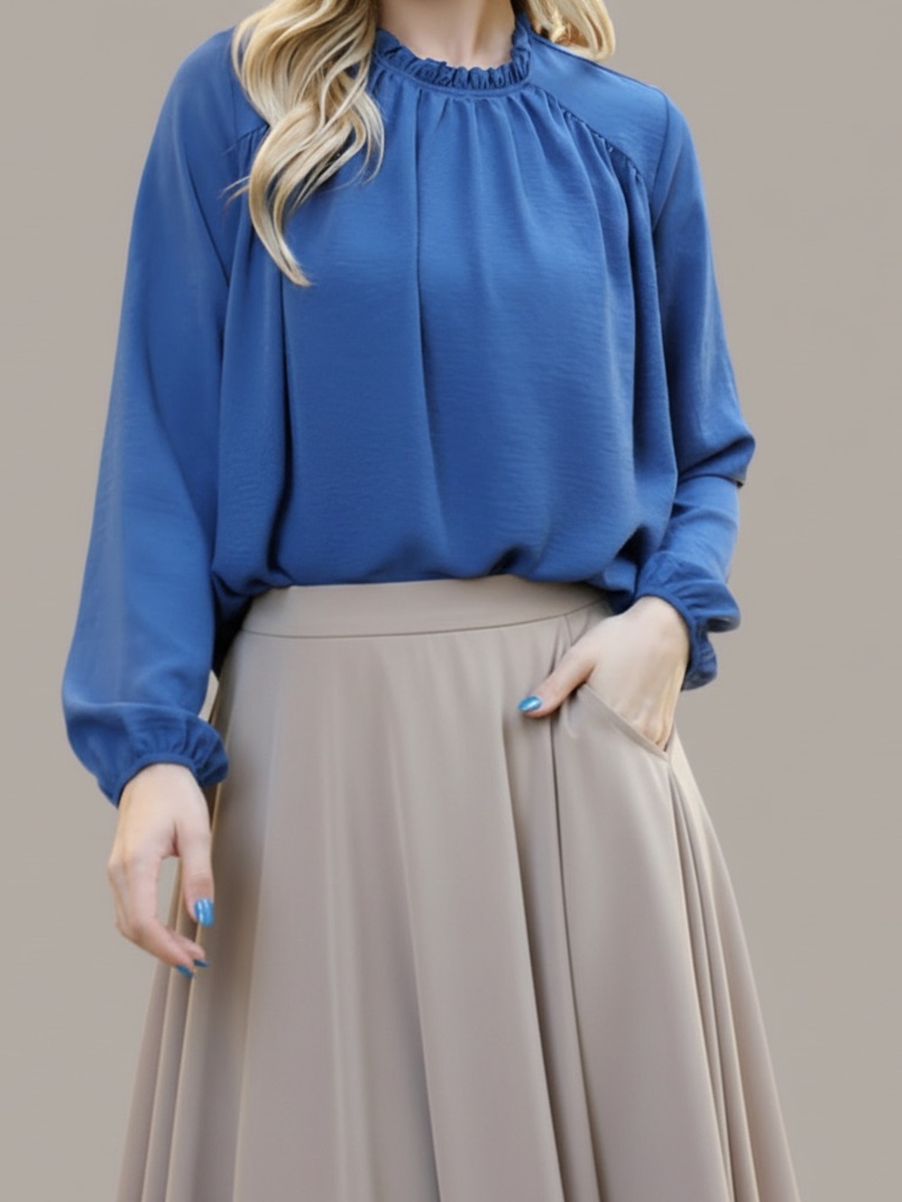 Source Unknown Dusty Blue Ruffle-Neck Long Sleeve Blouse